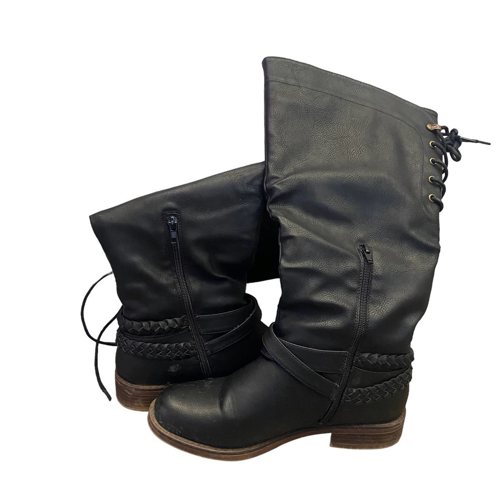 XoXo Marilia Wide Calf Lace Up Back Boots 8M Black Faux Leather Braided